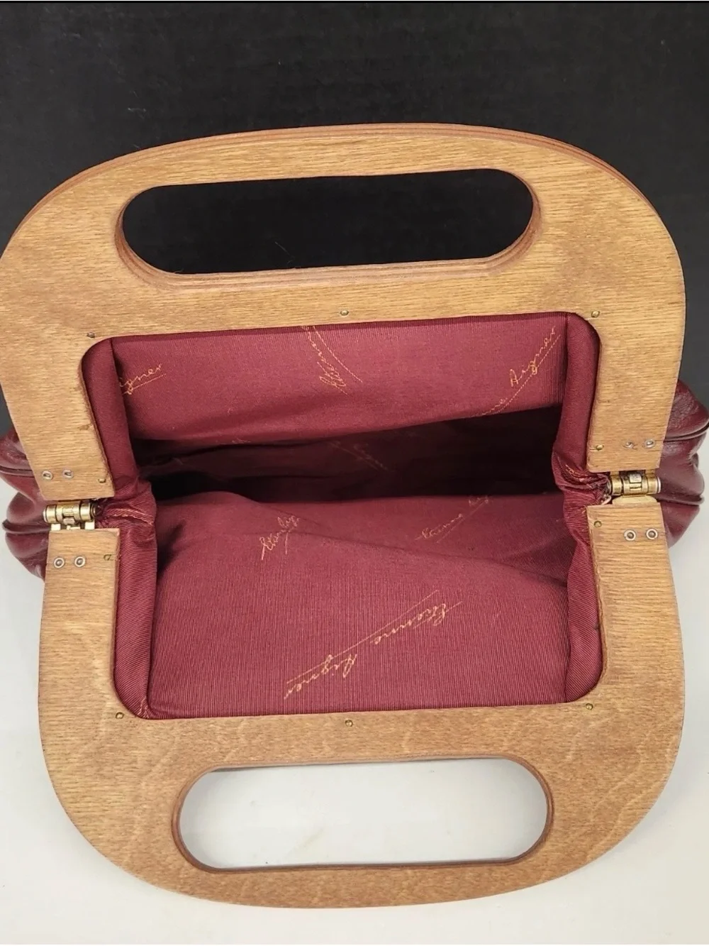 Vintage Leather Tote Bag with Wooden Handle - Oxblood